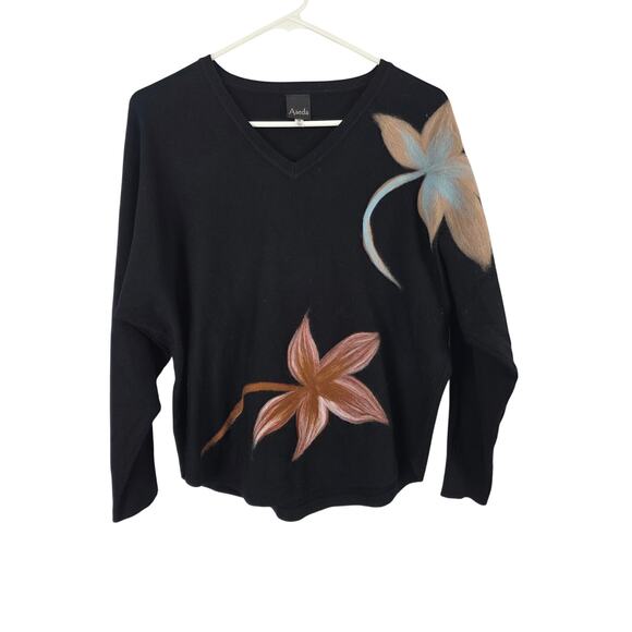 Aaeda Art To Wear Fuzzy Flower Embroidered Sweater M Womens Black Artsy Soft - Picture 2 of 7